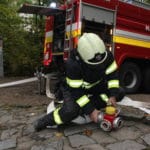 Fotografia z nácviku hasičského zásahu v priestoroch Oravského hradu. 12