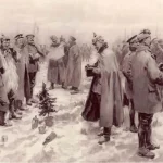 Maľba situácie zachytávajúcej tzv. Vianočný truc na západnom fronte počas 1. svetovej vojny.
