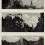 Tri rôzne pohľady na Oravský hrad na dobovej pohľadnici z roku 1931.