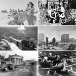 Montáž historických fotografií z obdobia druhej svetovej vojny, 1939 – 1945.