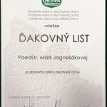 Ďakovný list venovaný PaedDr. Márii Jagnešákovej za jej dlhoročnú prácu a významný prínos v oblasti kultúry
